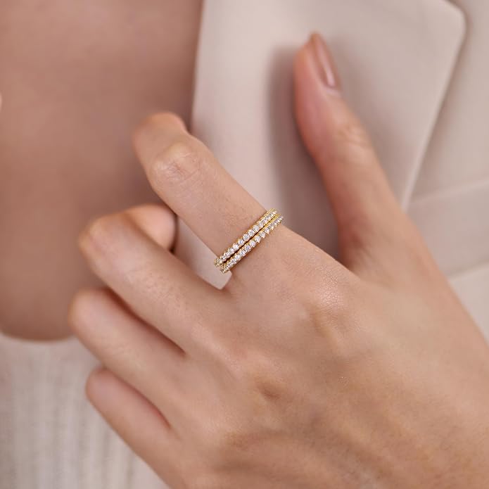 2mm 925 Sterling Silver Rings Gold Engagement Wedding Bands Eternity Cubic Zirconia Simulated Diamond 2pairs Stackable Ring for Women Size 5-10