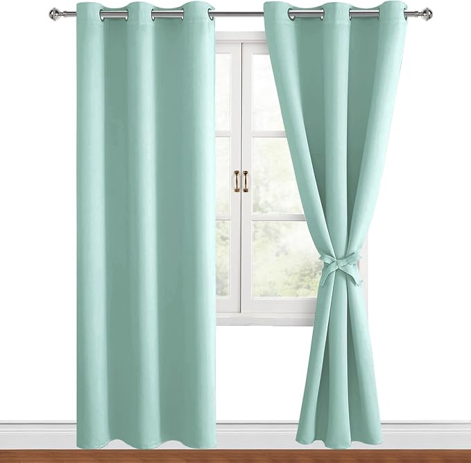 Hiasan Blackout Curtains for Bedroom, 42 x 84 Inches Long - Thermal Insulated & Energy Saving Window Curtains for Living Room, 2 Drape Panels Sewn with Tiebacks, Aqua