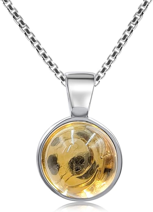 Natural gemstone 8mm round pendant with white gold over 925 sterling silver bezel cabochon plate and box chain, real genuine dainty birthstone gift for her, uniquelan jewelry