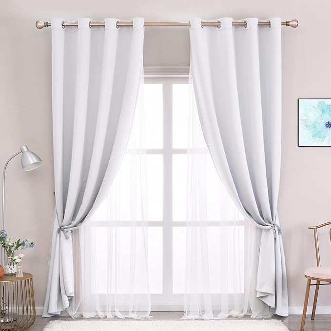 Greyish White Curtains Double Layered Solid Blackout and Sheer Window Treatment Panels Pair with Grommet Top for Living Room Patio Door, 52 x 108 inches, Greyish White, 2 PCs