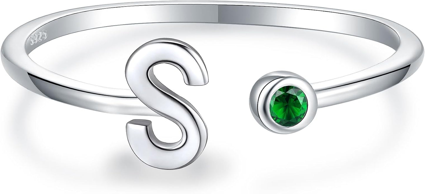 925 Sterling Silver Initial Letter Birthstone Rings for Women Adjustable 1-12 Month Birthstone Alphabet Stacking Ring for Teens Girls Stackable Birthstone Rings Birthday Jewelry Gift for Daughter Mom