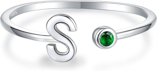 925 Sterling Silver Initial Letter Birthstone Rings for Women Adjustable 1-12 Month Birthstone Alphabet Stacking Ring for Teens Girls Stackable Birthstone Rings Birthday Jewelry Gift for Daughter Mom