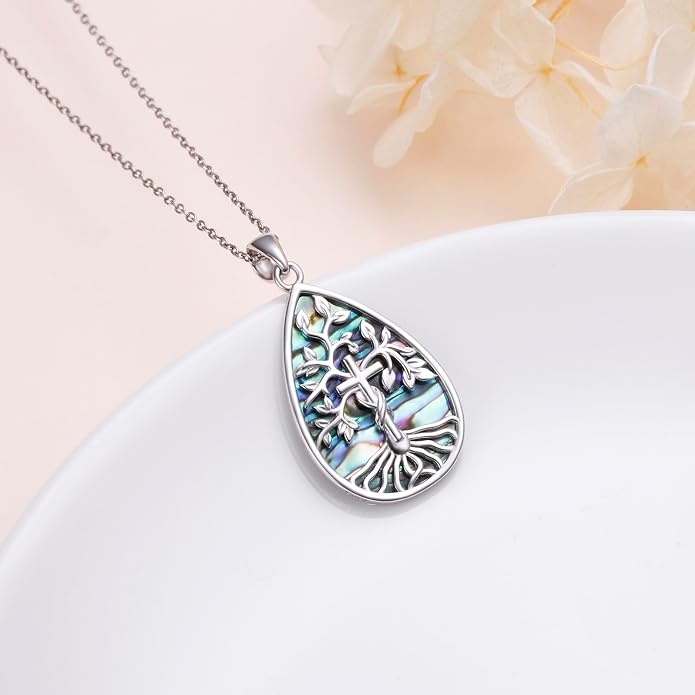 Abalone Shell Tree of Life Necklace 925 Sterling Silver Tear Drop Cross Pendent Necklace Mothers day Christmas Jewelry Gift for Women Men