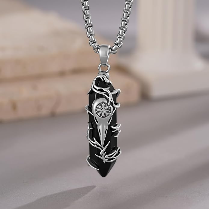 Viking Raven Skull Necklace 925 Sterling Silver Helm of Awe Necklace Raven Skull Pendant Viking Jewelry Norse Gifts for Men Women