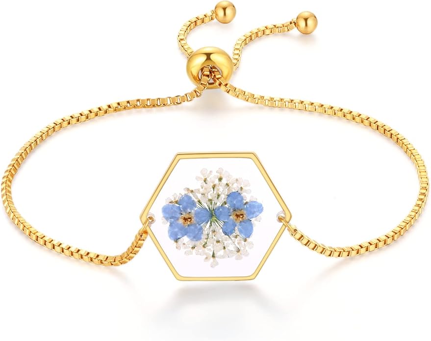 AUNTESIGN Forget-Me-Not Pressed Wildflower Bracelet | Pressed Flower Bracelet | Gold/Silver Pressed Flower Jewelry | Personalized Handmade Jewelry | Gift For Women