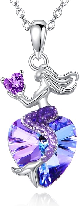 Mermaid Birthstone Necklace for Women 925 Sterling Silver Jewelry Austrian Crystal Pendant Christmas Gifts for Her