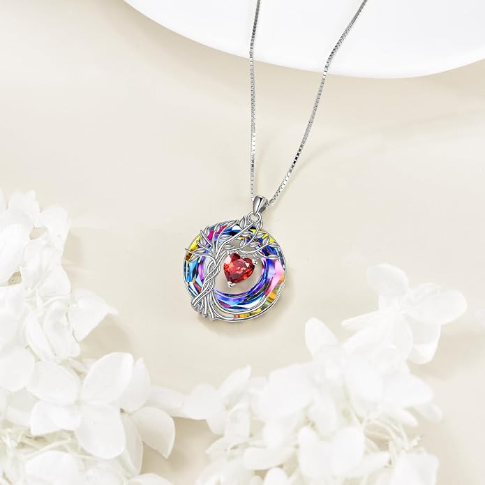POPLYKE Mothers Day Gifts for Mom Her Wife Tree of Life Necklace 925 Sterling Silver Birthstone Pendant with Crystal Anniversary Birthday Wedding Jewelry for Women