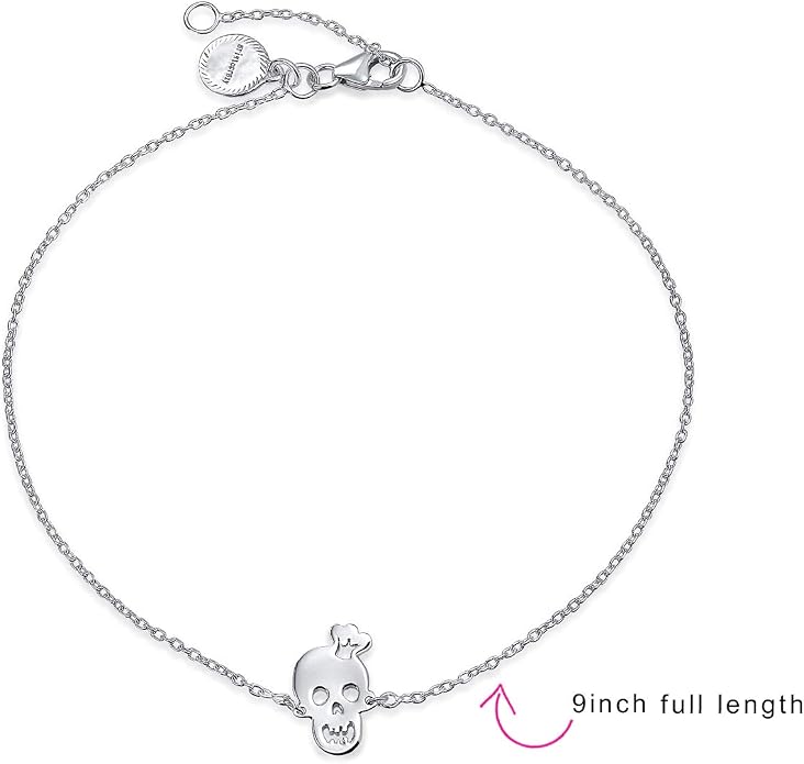 Bling Jewelry Whimsical Ankle Bracelet Heart Eyes Smiling Caribbean Pirate Charm Crown Skull Anklet For Women Teens Hot Wife .925 Sterling Silver Adjustable 9 To 10 Inch