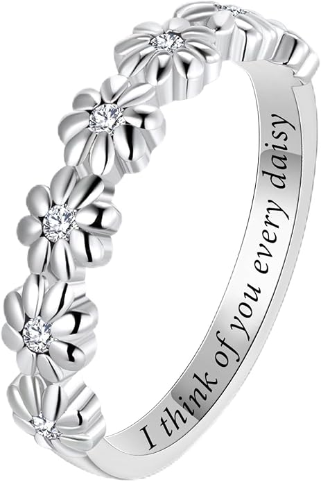 Dainty Daisy Ring for Women, S925 Sterling Silver Cubic Zirconia Sunflower Flower Ring For Daughter, I Think Of You Every Daisy Ring, Birthstone Flower Ring