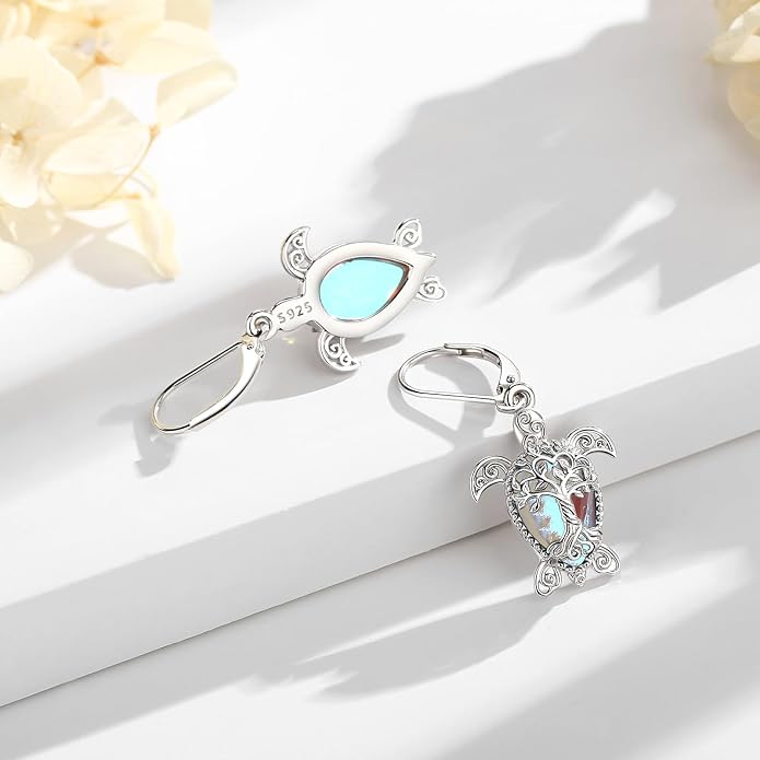Vito 925 Sterling Silver Teardrop Earrings for Women, Moonstone Turquoise Drop Dangle Earrings Cat Snake Turtle Tree of Life Leverback Earrings Boho Jewelry Gift for Mom Wife