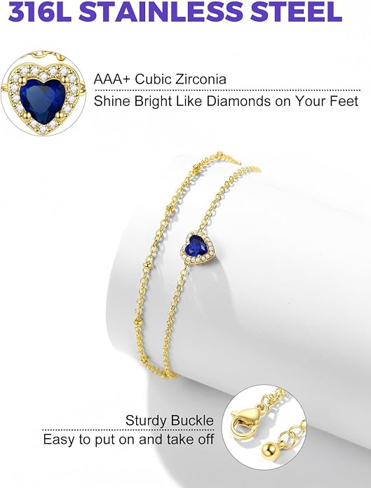 Richsteel Double Layer Heart/Butterfly Birthstone Anklet for Women Non Tarnish Waterproof, Silver/Gold/Black Stainless Steel 8.5-10.5 Inch Adjustable Chain Anklets Jewelry Gifts for Her