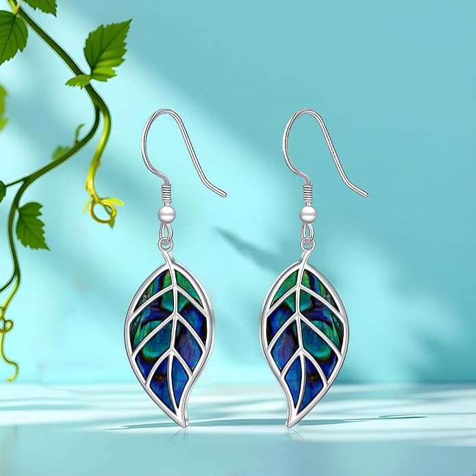 Leaf Earrings for Women Sterling Silver Opal Dangle Earrings Nature Green Blue Opal Drop Leaf Abalone Shell Jewelry Gifts