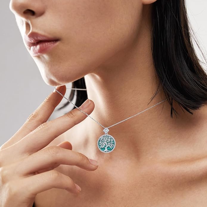Tree of Life Moissanite Necklace, 925 Sterling Silver 0.5 Carat Moissanite Abalone Shell/Opal/Black Onyx/Turquoise/Malachite/Tiger Eye Stone Tree of Life Pendant Necklaces Jewelry Gift for Women Mom