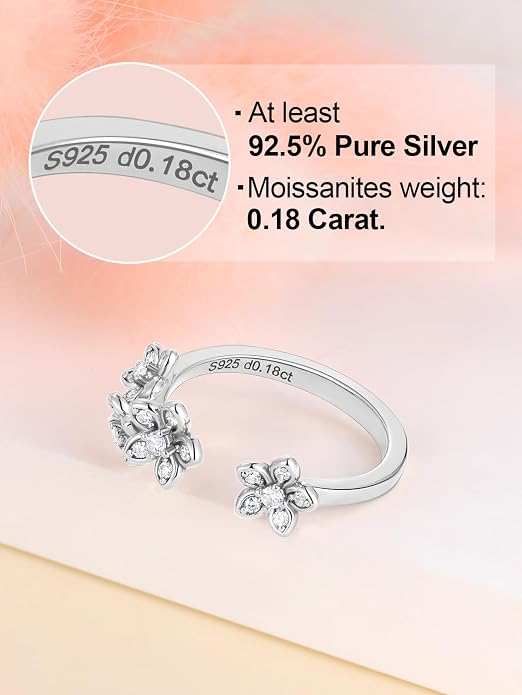 Moissanite Flower/Butterfly/Star Pretty Open Ring for Women, Adjustable Ring, Solid 925 Sterling Silver with Gold Plated, Stackable Ring, Birthday Valentines Anniversary Mothers Day Ideal Gift for Her