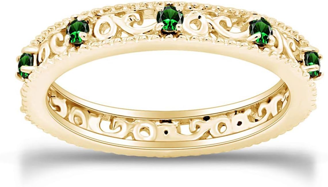 Jewel Zone US Filigree Eternity Wedding Band Ring for Women, Round Cut Simulated Gemstone Stackable Promise Ring in 14K Gold Plated 925 Sterling Silver Band Width 3.5mm – Elegant Jewelry for Her