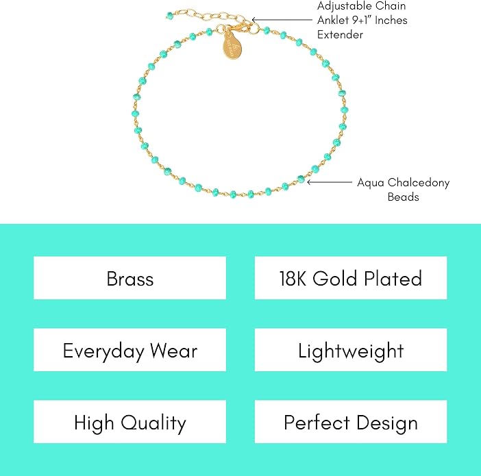 Dainty Gemstone Anklet for Women – 10 Inch Adjustable Anklet with 1 Inch Extender, Gold or Silver Plated Foot Jewelry, Minimalist Boho Style Gift