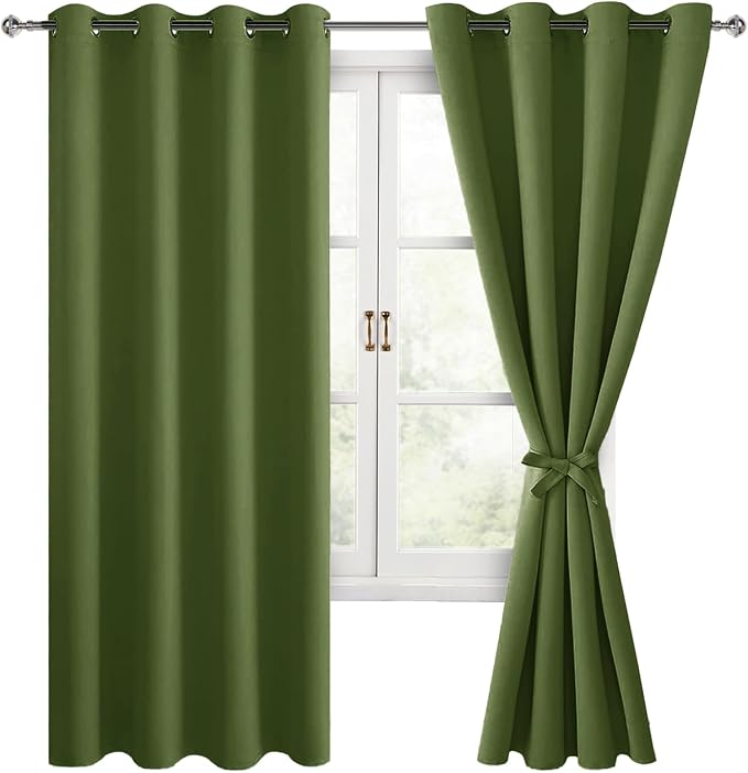 Hiasan Blackout Curtains for Bedroom, 52 x 63 Inches Length - Thermal Insulated & Energy Saving Window Curtains for Living Room, 2 Drape Panels Sewn with Tiebacks, Olive Green