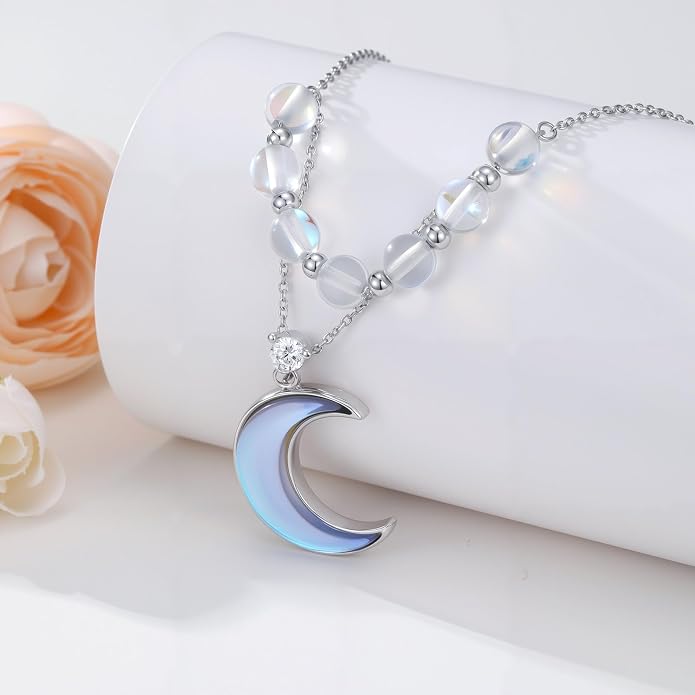Dainty Moonstone Moon Simple 925 Sterling Silver Pendant Necklace for Women, Jewelry for Women Mother, Birthday Gift, with 18+2inch