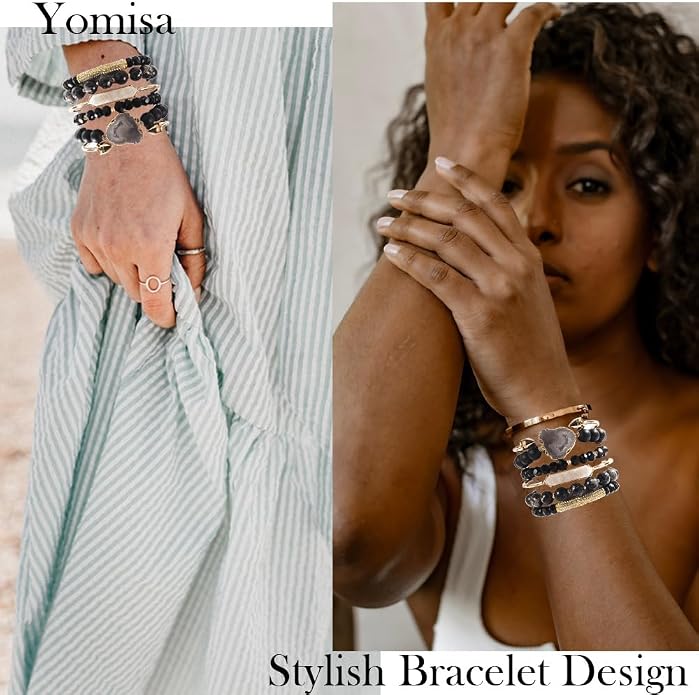 Yomisa 5PCS 6PCS Natural Boho Beaded Bracelets/Bangle for Women Men,Healing Turquoise Jasper Agate Crystal Gemstone Stone Chakra Multilayer Wrap Bohemian Handmade Jewelry Beads Stretch Bracelet Set