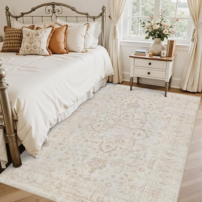 6x9 Area Rugs for Living Room: Vintage Boho Neutral Washable Rug Indoor Soft Large Area Rug Carpet for Bedroom Nursery Farmhouse Dining Room Office Floor Non-Slip Low Pile Under Table Rug Warm Beige