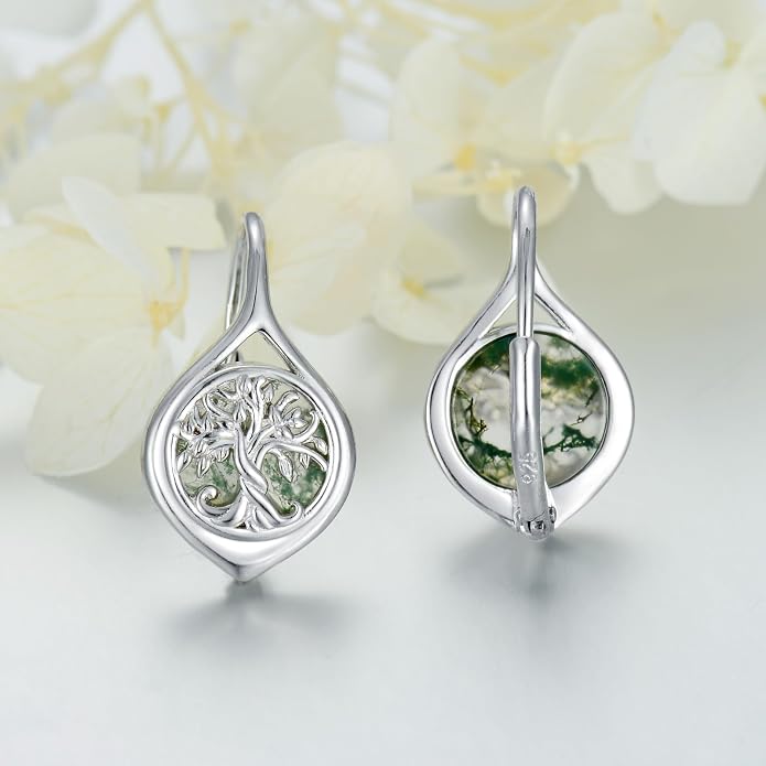 WINNICACA Leverback Earrings for Women 925 Sterling Silver Tree of Life Earrings Dangle Drop Turquoise Moonstone Moss Agate Heart Jewelry Gifts for Women Her Wife Anniversary Birthday Gifts