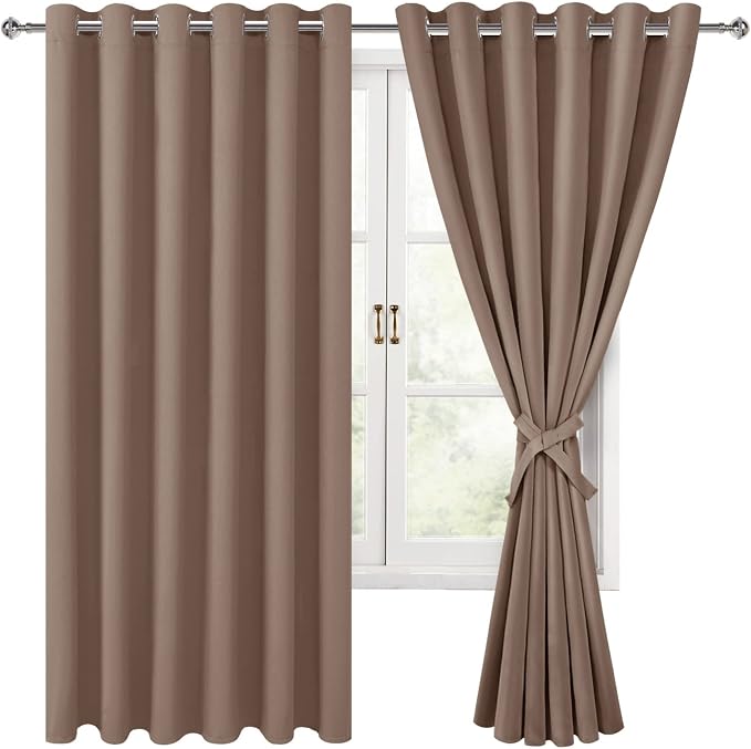 Hiasan Grommet Blackout Curtains for Bedroom, 70 x 63 Inches - Thermal Insulated & Light Blocking Window Drapes for Living Room/Dorm Room, Set of 2 Panels Sewn with Tiebacks, Cappuccino