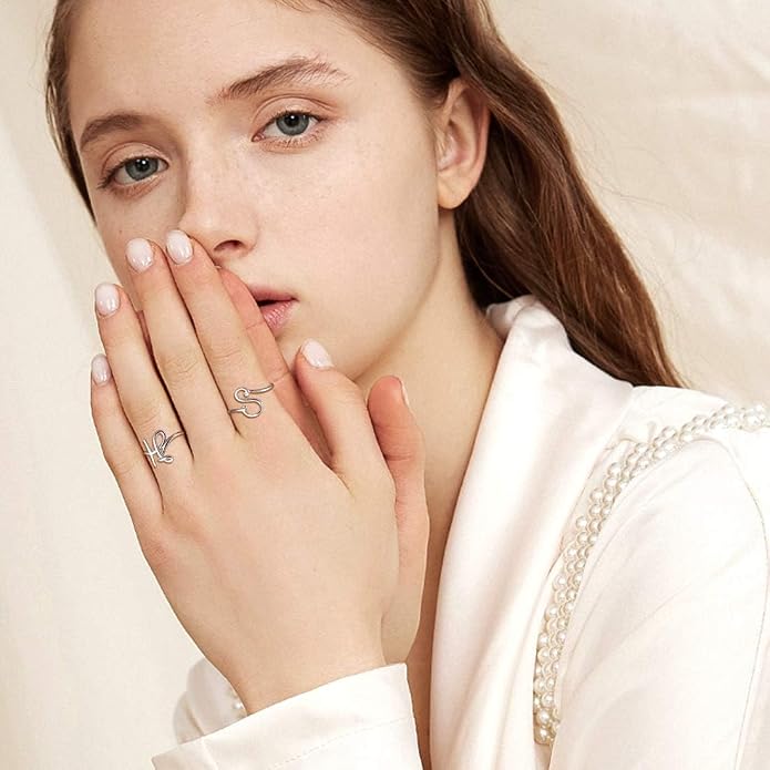 SILVERCUTE S925 Initial Rings, Adjustable Size 6-12 Statement Alphabet Letter A-Z Jewelry Personalized Twisted Initials Rings Sterling Silver Stacking Ring for Women