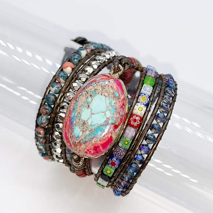 Boho Wrap Bracelet for Women, Handmade Natural Imperial Jasper Multi-Layer Stone Beaded Bracelet, Bohemian Healing Crystal Stone Jewelry Gifts