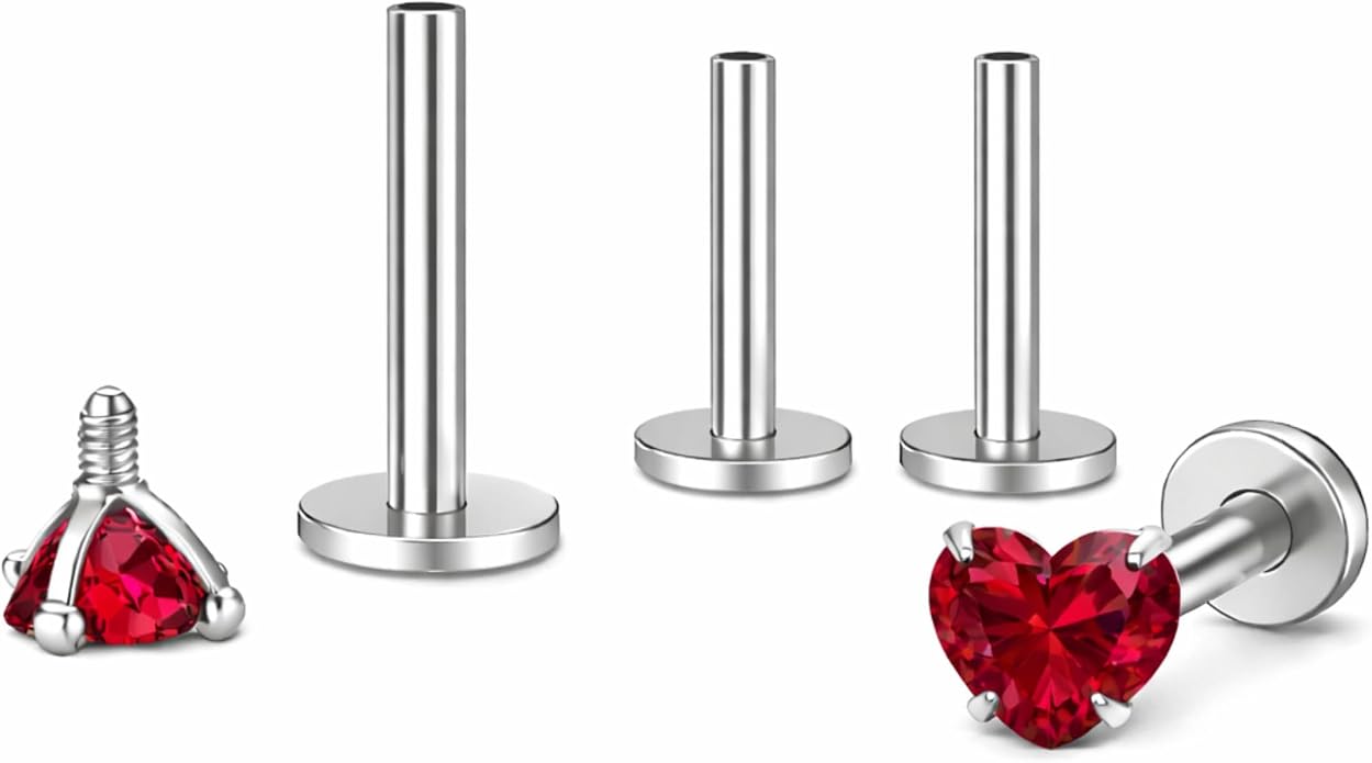 Titanium Heart CZ Labret Stud Earrings for Piercings by Ginger Lyne 6Pc Set G23 Screw Front Flat Back Body Jewelry 2 pair post 6mm, 8mm Cartilage, Helix, Tragus, Lip, Conch, Lobe