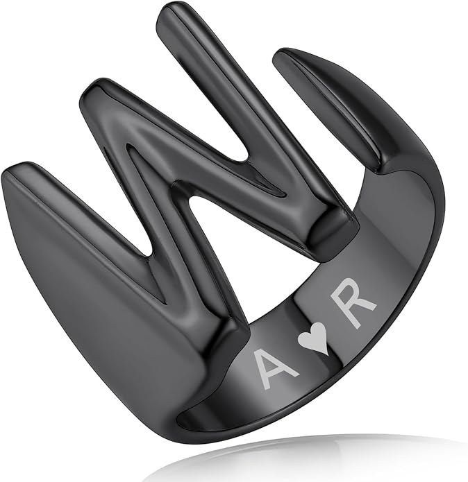 KeyStyle Bold Initial Letter Rings Adjustable, GoldChic Jewelry Women Gold Statement Ring Personalized Engraved Women’s Open Signet Ring for Party (Gold, White Gold, Black)