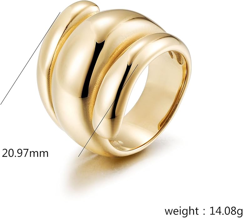 CIUNOFOR Chunky Statement Rings for Women, 14K Gold Plated Stainless Steel Dome Ring, Wide Band Retro Dome Jewelry Gift, Non-Tarnish Adjustable Fashion Ring, Fit Size 6 to 10