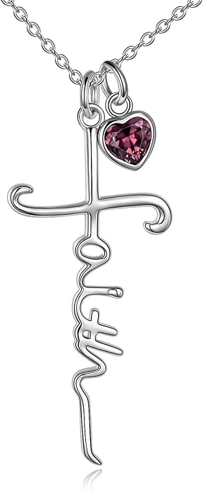 Faith Cross Necklace For Women Birthstone Sterling Silver with Simulated Birthstone Cross Jewelry Christian Gifts