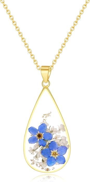 AUNTESIGN Forget-Me-Not and Queen Anne's Lace Pressed Wildflower Necklace | Birth Month Flowers Necklace | Gold/Silver Pressed Flower Jewelry | Mother's Day | Gift For Her