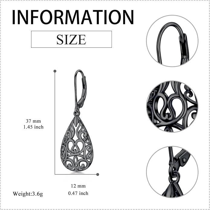 VONALA Filigree Teardrop Earrings for Women Sterling Silver Filigree Teardrop Dangle Earrings Filigree Leverback Earrings for Women Birthday Gift