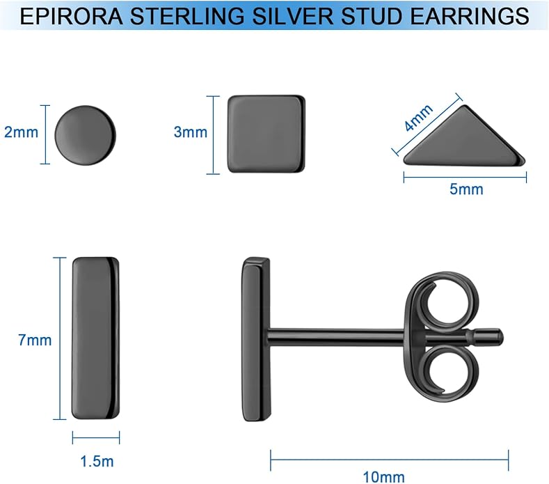 EPIRORA Sterling Silver Stud Earrings for Women Men- 4 Pairs of Hypoallergenic Simple Geometric Small Stud Earring Set Tiny Circle Triangle Square Bar Stud Earrings Mini Cartilage Tragus Earrings