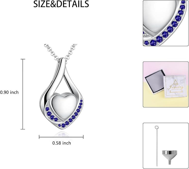 Cremation Jewelry 925 Sterling Silver Teardrop Urn Necklace for Ashes Heart Shape Memorial Keepsake Pendant for Human Ashes for Women Gift