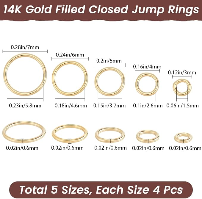 Beebeecraft 1 Box 20Pcs Jump Rings 14K Gold Filled Brass 3/4/5/6/7mm Closed Jump Rings Connectors Junction Ring for Jewelry Bracelet Necklace Making Craft