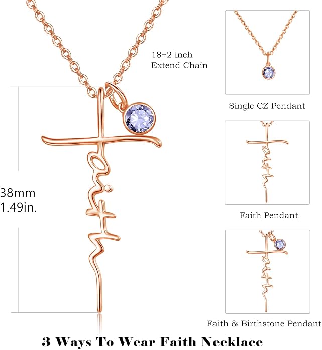 PRAYMOS Faith Cross Necklace for Women 925 Sterling Silver Pendant Necklace With Birthstone Initial Christian Religious Confirmation Baptism Mothers Day Gifts