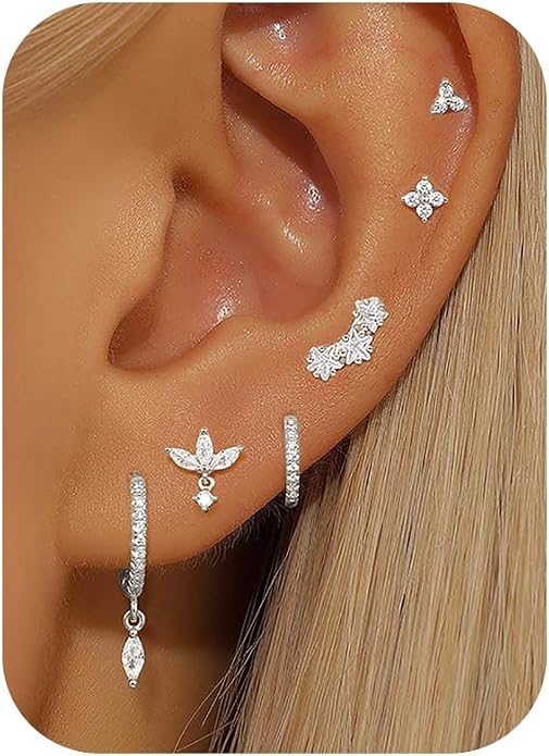 14K Gold Plated Dainty Stud Hoop Earrings for Women 6 Pairs Huggie Hypoallergenic Silver Gold Flat Back Cartilage Stud Earrings Set for Multiple Piercing Luxury Cubic Zirconia Drop Earrings Jewelry Trendy Gifts