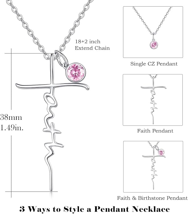 PRAYMOS Faith Cross Necklace for Women 925 Sterling Silver Pendant Necklace With Birthstone Initial Christian Religious Confirmation Baptism Mothers Day Gifts