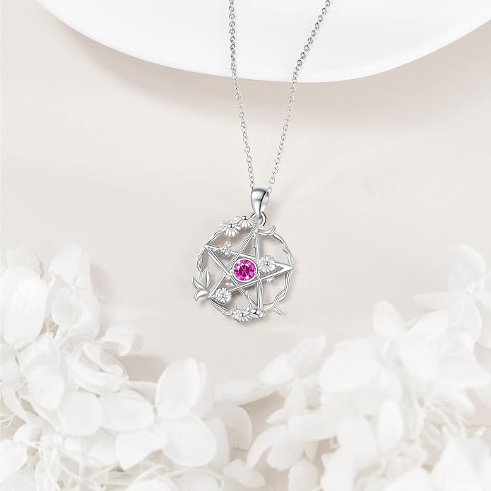 Birthstone Pentagram Necklace for Women 925 Sterling Silver Pentacle Daisy Pendant Pentacle Jewelry Birthday Gifts