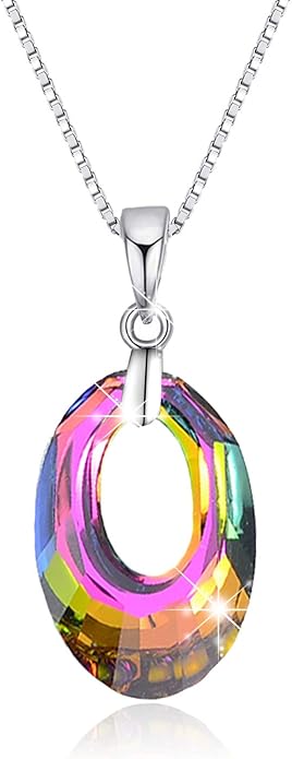 H ermosa 925 Sterling Silver Necklace for Women Austria Crystals Oval Shape Pendant Necklace Hypoallergenic Jewelry Gift Birthday Gift (A Rainbow Crystal Necklace)