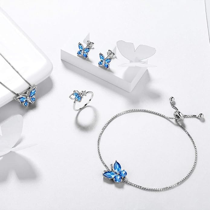 Aurora Tears Butterfly Jewelry,Women 925 Sterling Silver Butterflies Birthstone Pendant Necklace/Earrings/Rings Wedding Gift