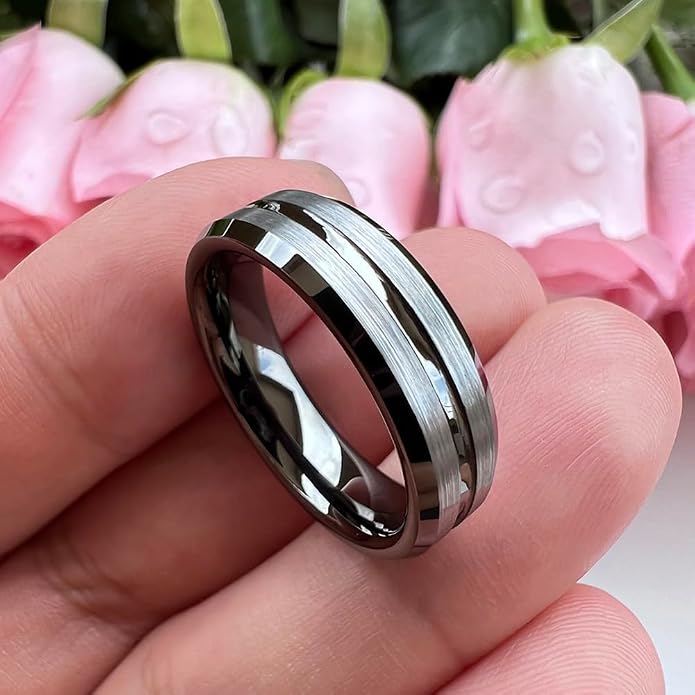 TUTISS 6mm 8mm Silver/Black/Blue/Gunmetal/Gold/Rose Gold Tungsten Rings for Men Women Fashion Engagement Wedding Bands Matte Finish Beveled Edges Comfort Fit