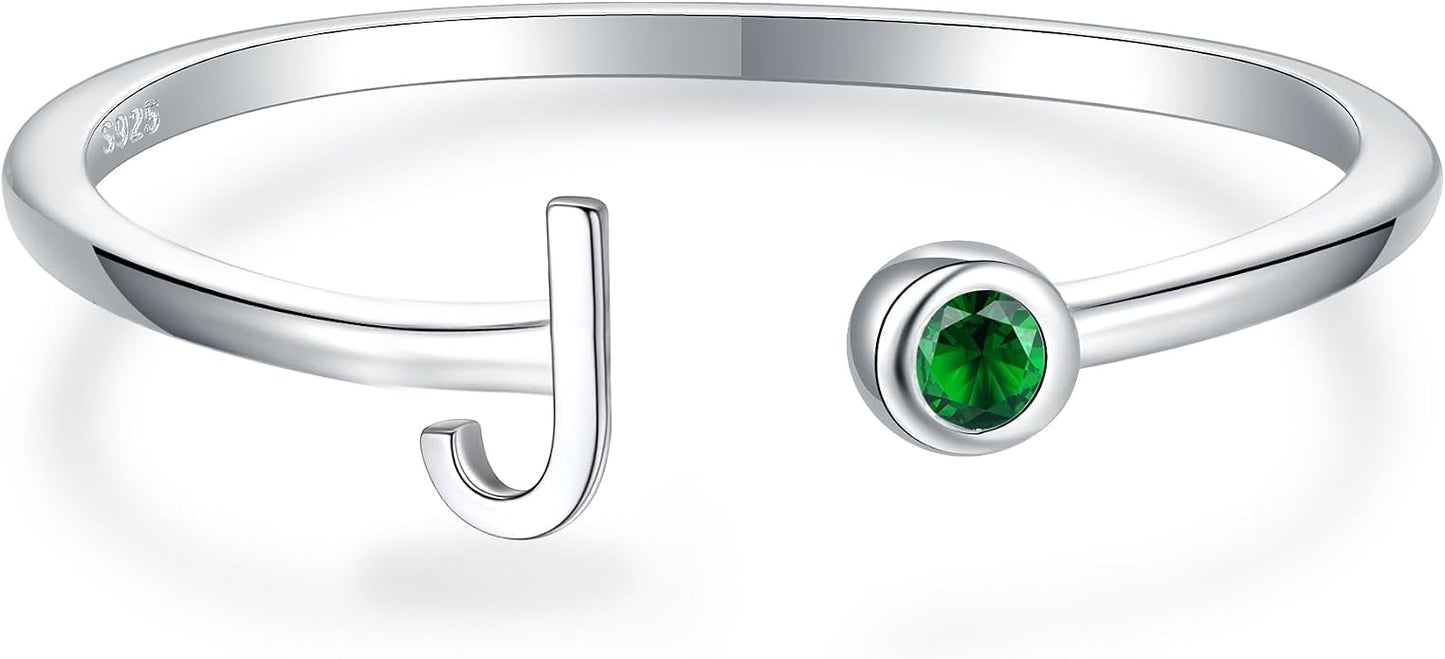 925 Sterling Silver Initial Letter Birthstone Rings for Women Adjustable 1-12 Month Birthstone Alphabet Stacking Ring for Teens Girls Stackable Birthstone Rings Birthday Jewelry Gift for Daughter Mom