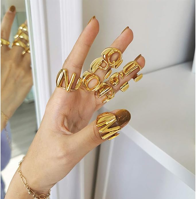 KeyStyle Bold Initial Letter Rings Adjustable, GoldChic Jewelry Women Gold Statement Ring Personalized Engraved Women’s Open Signet Ring for Party (Gold, White Gold, Black)