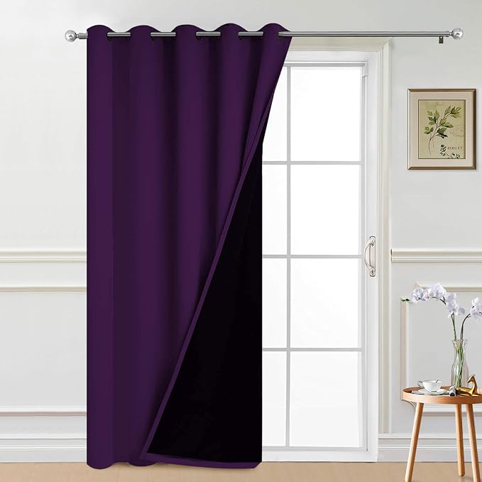Yakamok Purple 100% Blackout Patio Door Curtain Panels W70 x L84,1 Panel | Noise Reducing Barrier Panel for Sliding Glass Door, 2 Thick Layers Heat Full Light Blocking Patio Door Drapery