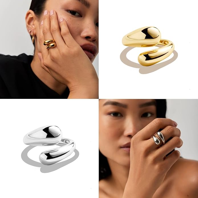 NOKMIT Chunky Gold Rings for Women Adjustable Open Teardrop Wrap Bypass Statement Band Gold Silver Tone High Polished Smooth Comfort Fit