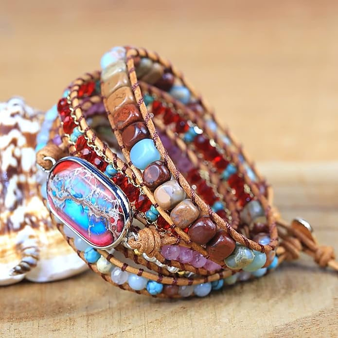 Women Wrap Bracelet Boho Natural Jasper Crystal Stone Beads Strand Bracelets