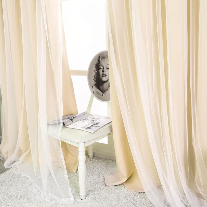 Beige Blackout Curtains with Sheer 54 Inches - Double Layered Short Blackout Curtains with Voile Sheer Drapes for Kids/Girls Bedroom Nursery Living Room, Biscotti Beige, 2 PCs